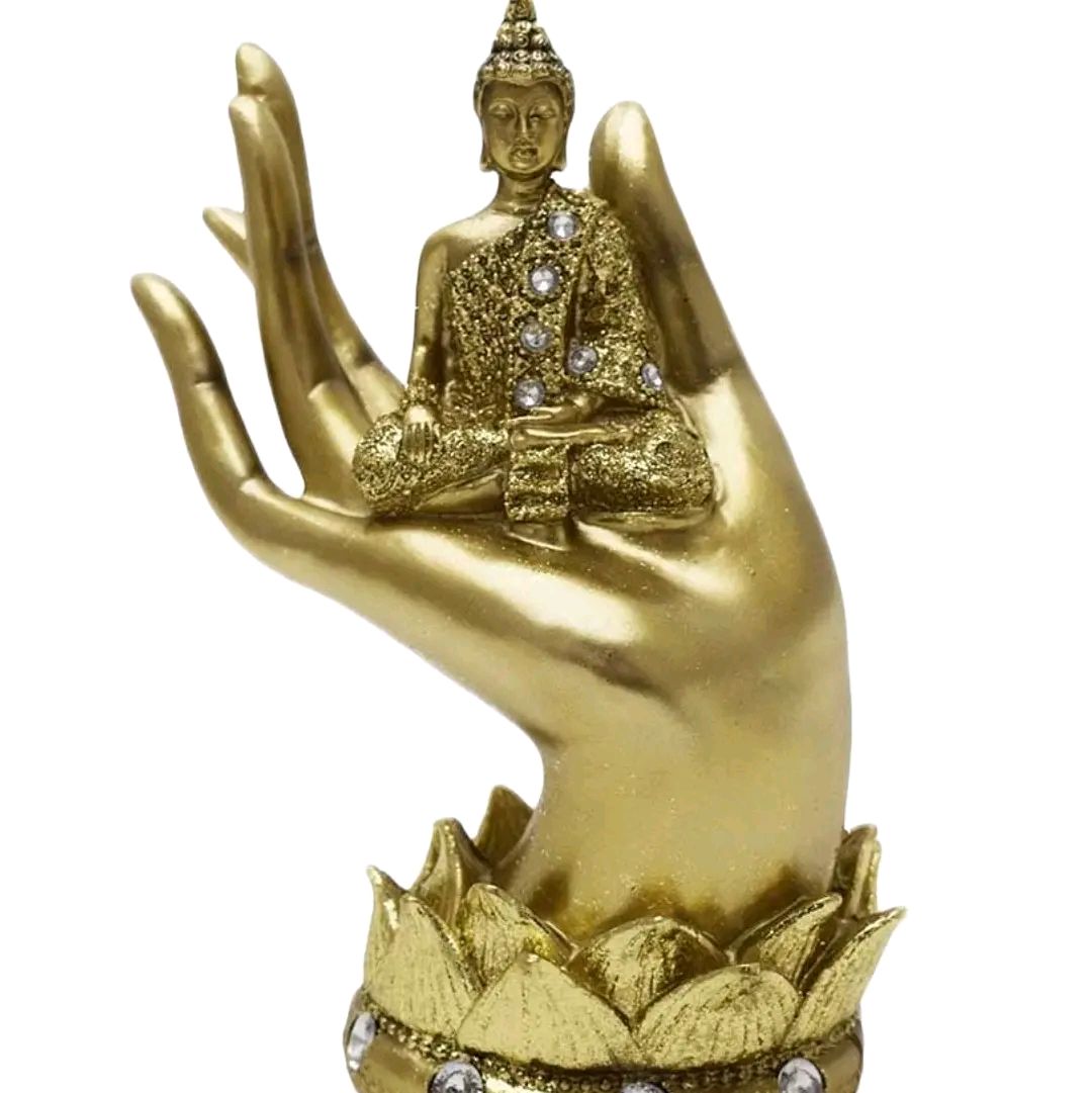 Buddah sitting on hand ornament available in gold or silver