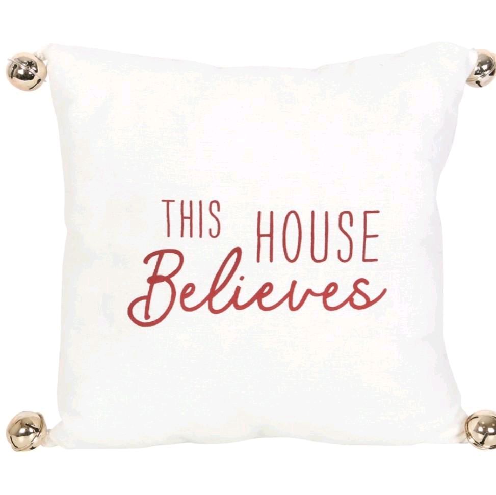 This House Believes Soft Cushion with Bells - Festive Summer Throw Pillow for Home Decor with Gold Jingle Bell Accents