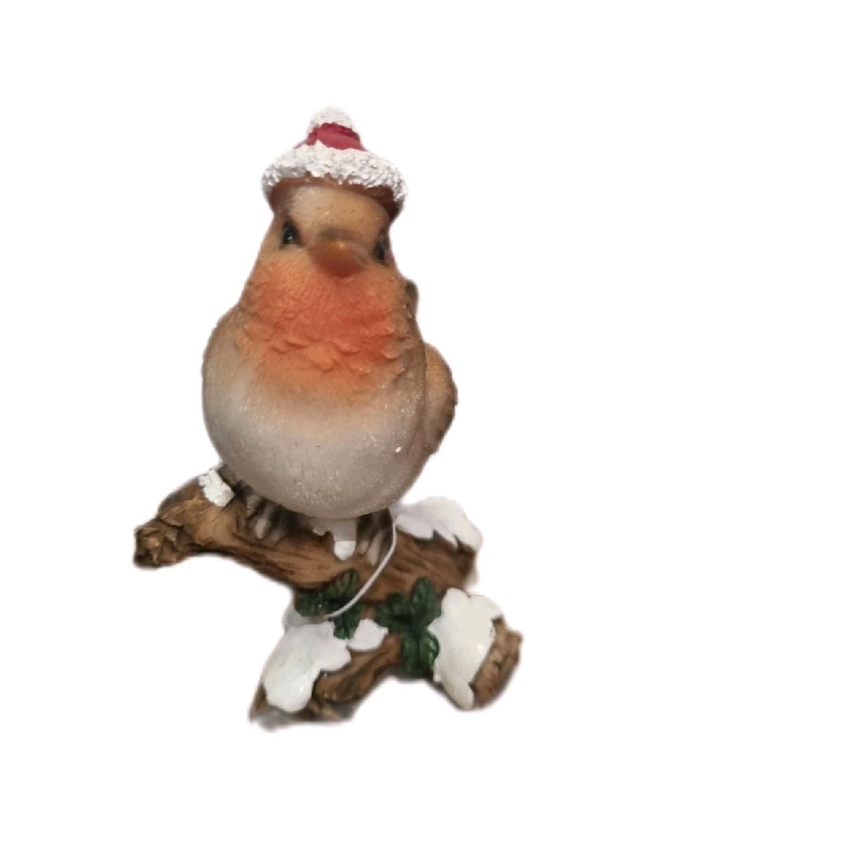 Christmas Robin Statue on a Frosted Branch - Festive Home Decor Ornaments Decoration