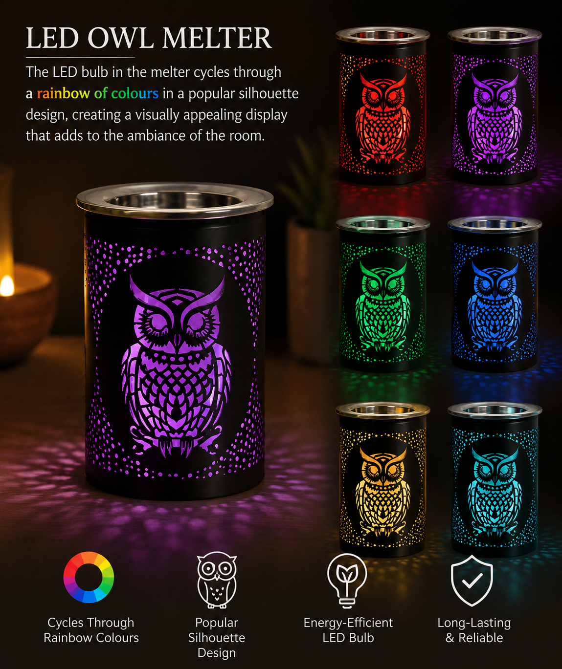 LED wax / oil Melter Owl Black 12cm Decor Fragrance Freshener decorative