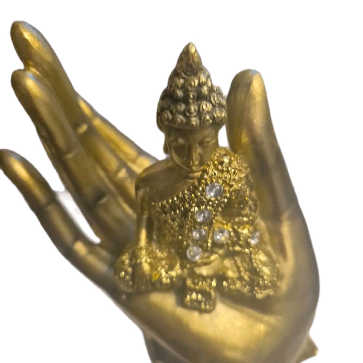 Buddah sitting on hand ornament available in gold or silver