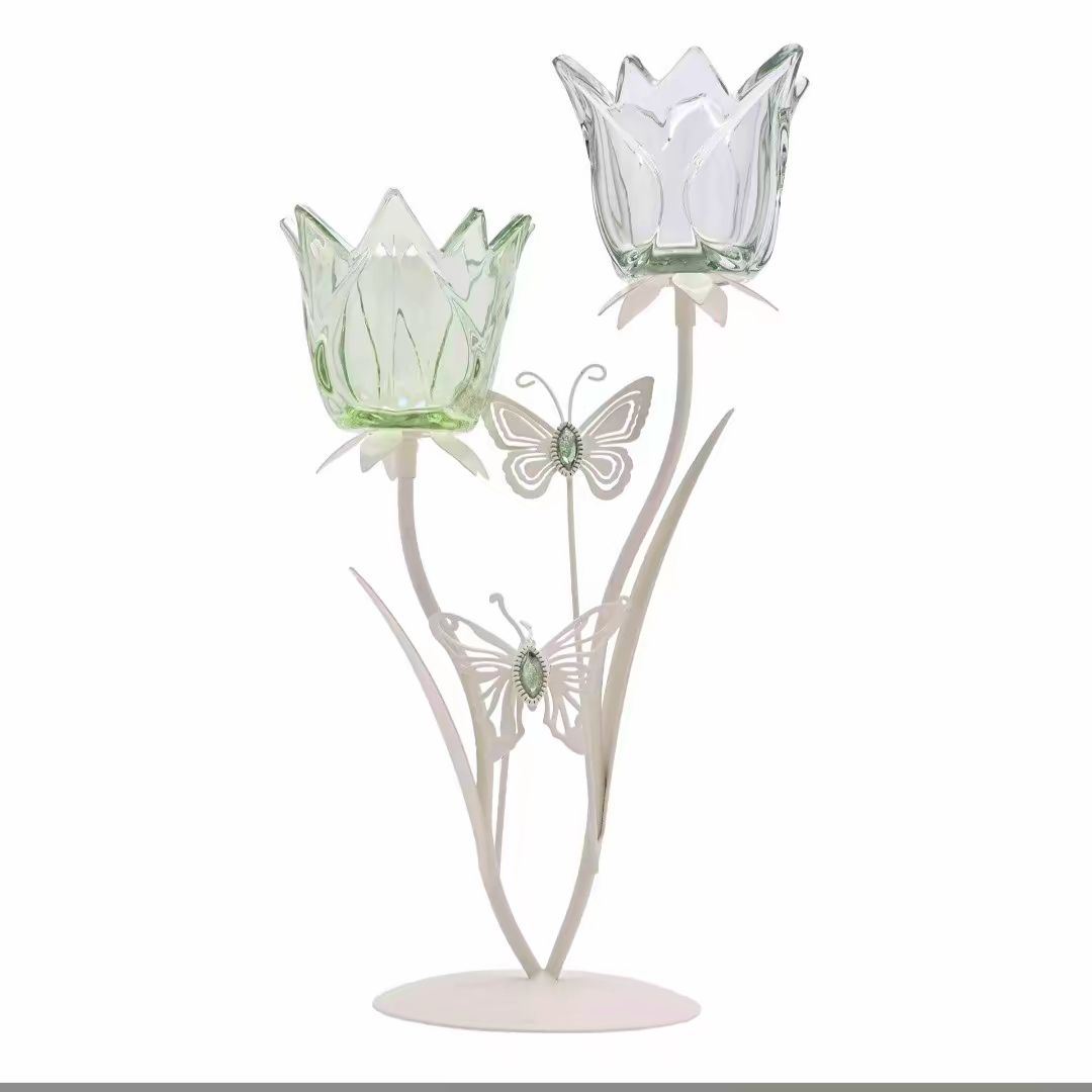 2 Stem Candle Holder With Green Glass And Butterflies On Matte Off White Base