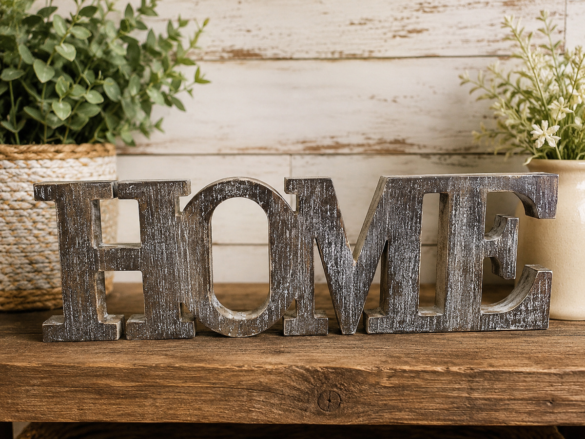 Rustic wooden "HOME" sign with a weathered finish