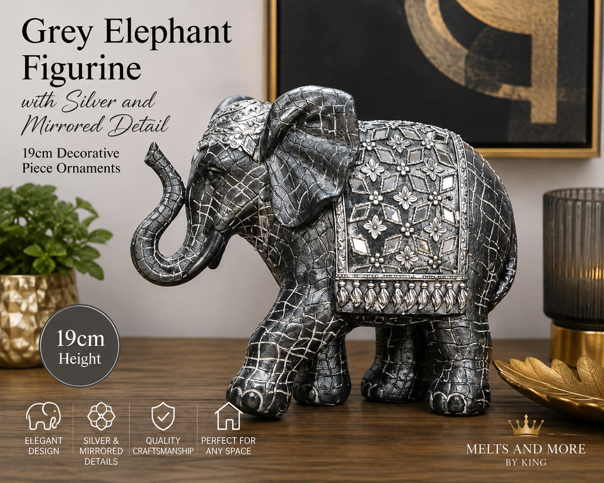 Grey Elephant Figurine with Silver and Mirrored Detail 19cm Decorative Piece Ornaments