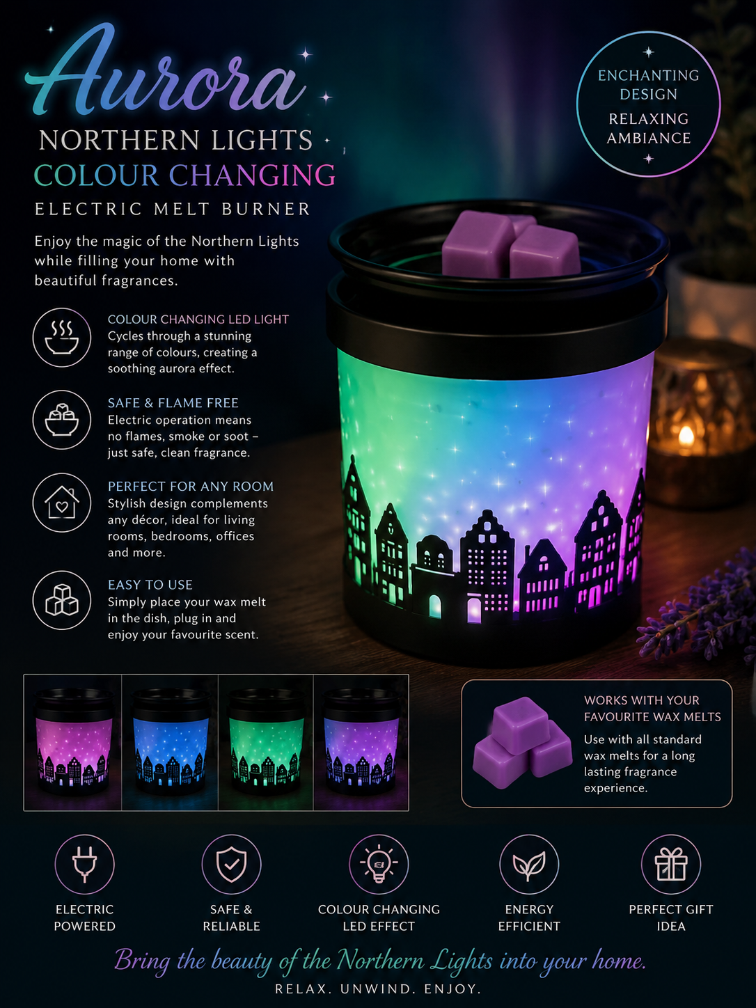 City northen lights colour changing Electric melt burner