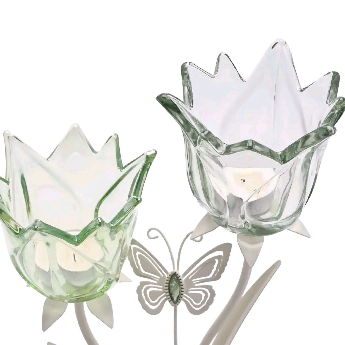 2 Stem Candle Holder With Green Glass And Butterflies On Matte Off White Base