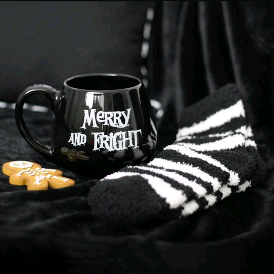 Merry & Fright Ceramic Mug and Socks Set - 500ml Spooky Winter Drinkware - Reusable Washable Coffee Cup - Microwave Safe Gift Tumbler Reuse