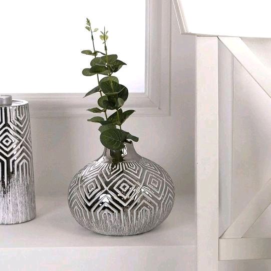Decorative Silver & White Geometric Vase - 24.5cm - Ornaments Ceramic Flower Room