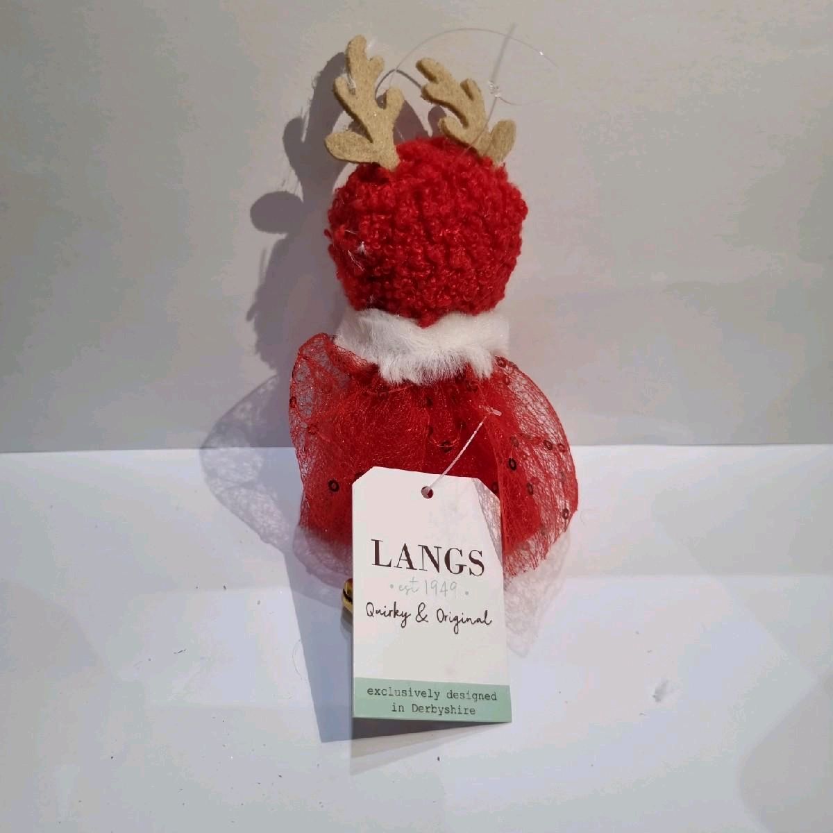 Christmas girl hanging decoration with red tutu, bell feet and antler hat