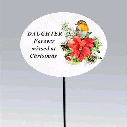 Christmas Poinsettia & Robin Remembrance Stake - Daughter 9cm, Festive Plaque for Ground with Long Stick, Perfect Gift Idea - Gifts Decor