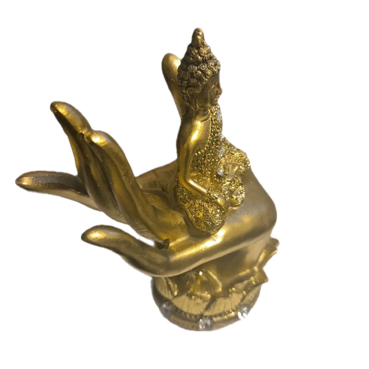 Buddah sitting on hand ornament available in gold or silver