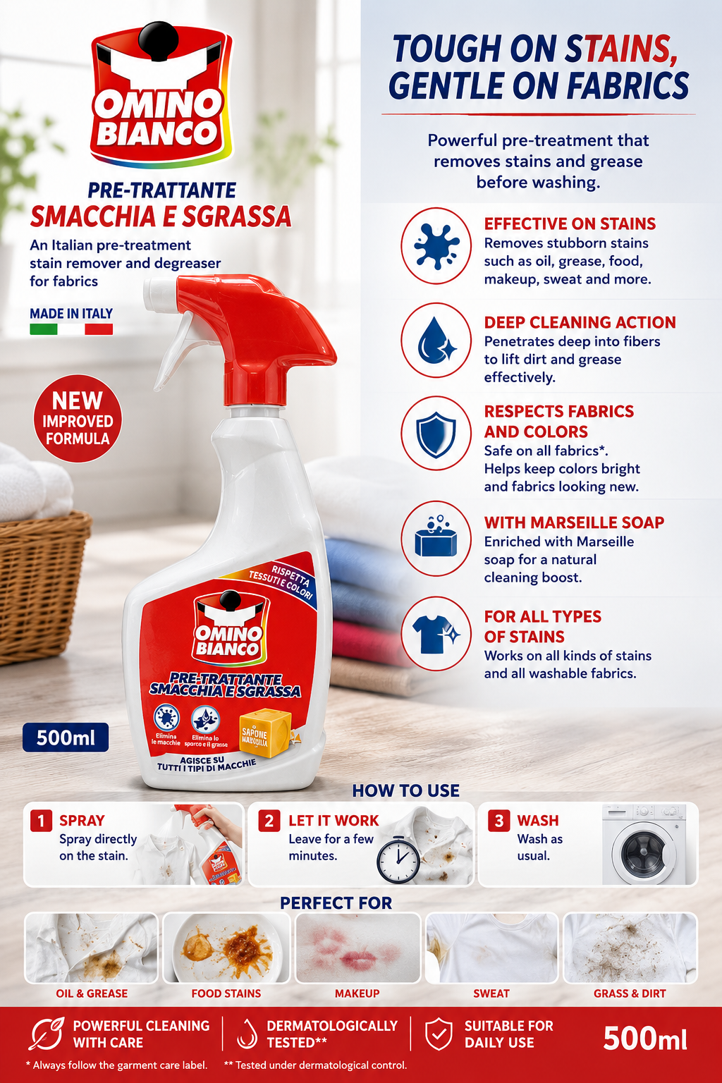Omino Bianco Pre-Trattante Smacchia e Sgrassa, an Italian pre-treatment stain remover and degreaser for fabrics 500ml