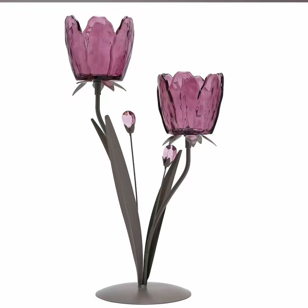 2 Stem Candle Holder With Plum Glass On Taupe Base