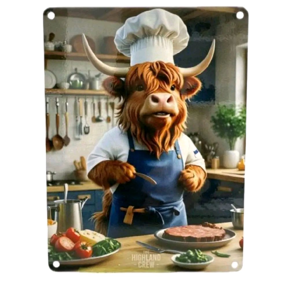 Highland Cow In Kitchen Metal Sign