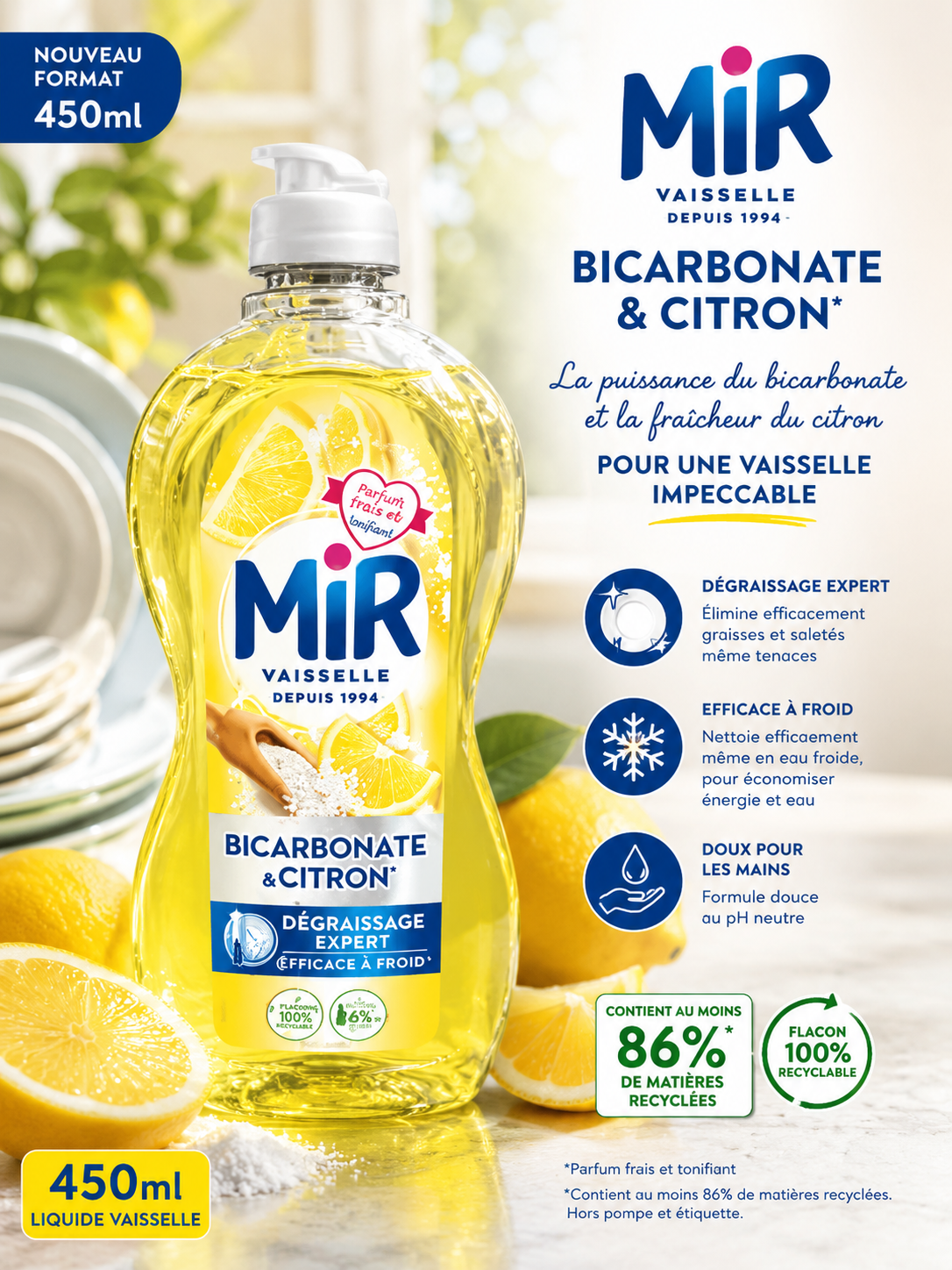 Mir Vaisselle Bicarbonate & Citron liquid dish soap 450ml