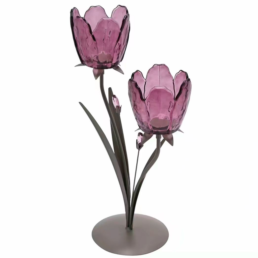 2 Stem Candle Holder With Plum Glass On Taupe Base