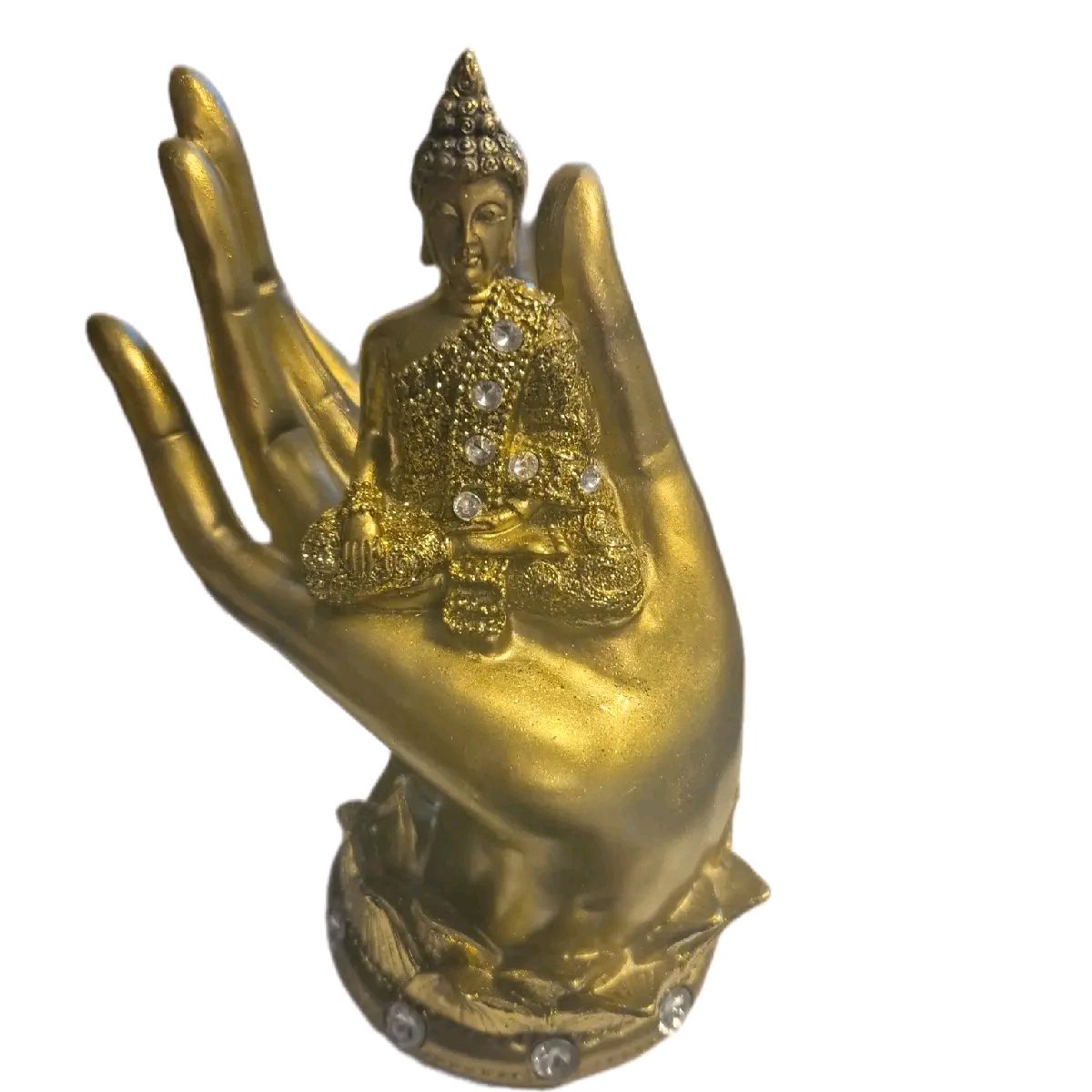 Buddah sitting on hand ornament available in gold or silver