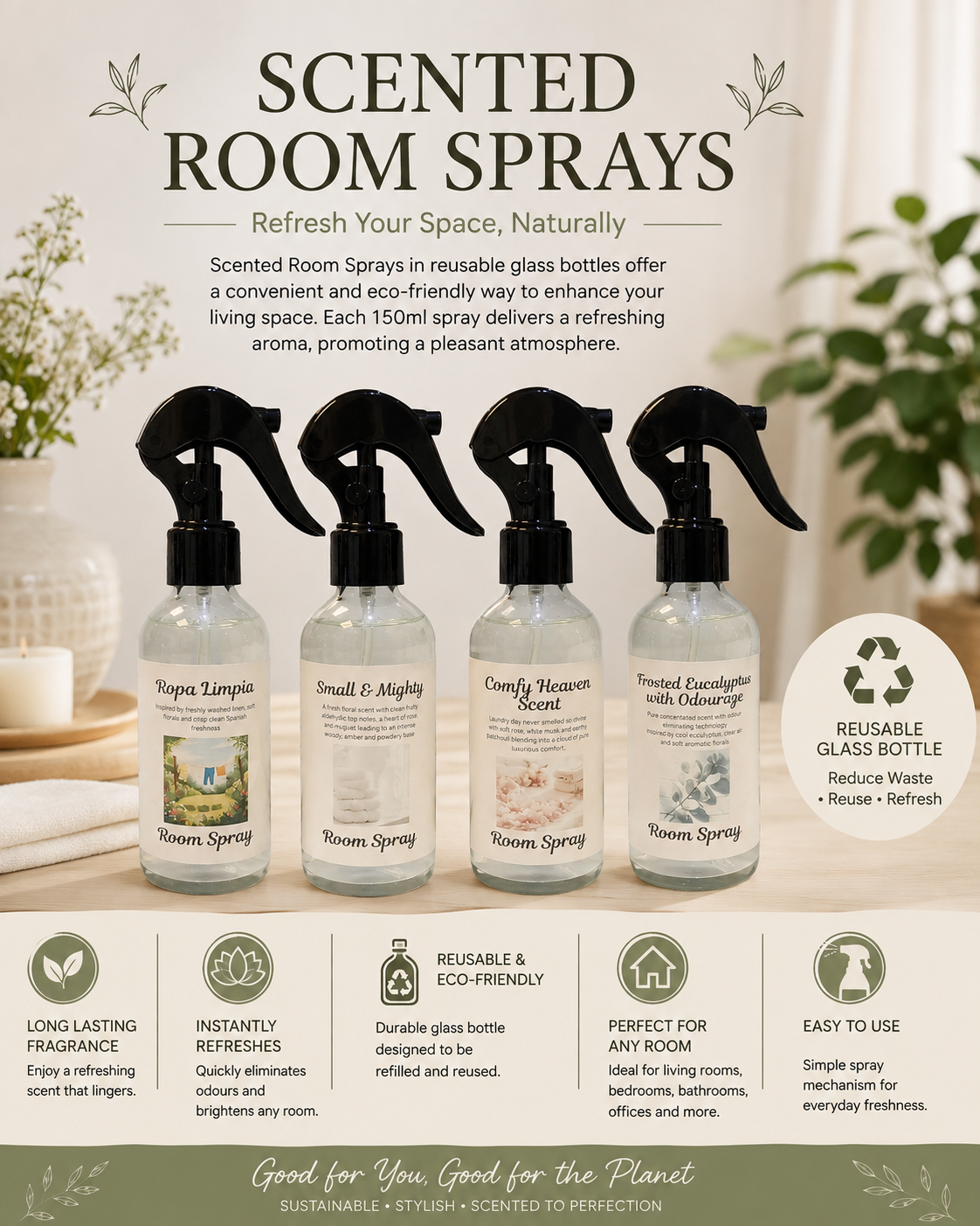 Scented Room Sprays in reusable glass bottles