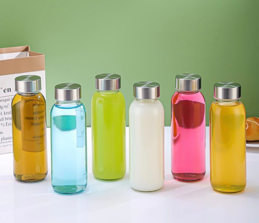 simpa 300ml Reusable Glass Bottles With Stainless Steel Lids - Set of 6 - Suitable for Work, Gym, Home, Hot or Cold Drinks.