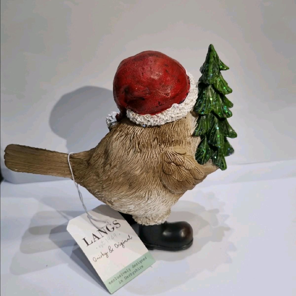 Christmas Robin holding tree with brown boots ornament Decoration