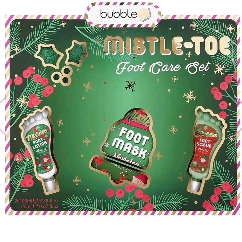 Gift Set: Mistle-toe Foot Care with Hydrating Foot Lotion, Nourishing Foot Scrub, and Soft Socks - Masks
