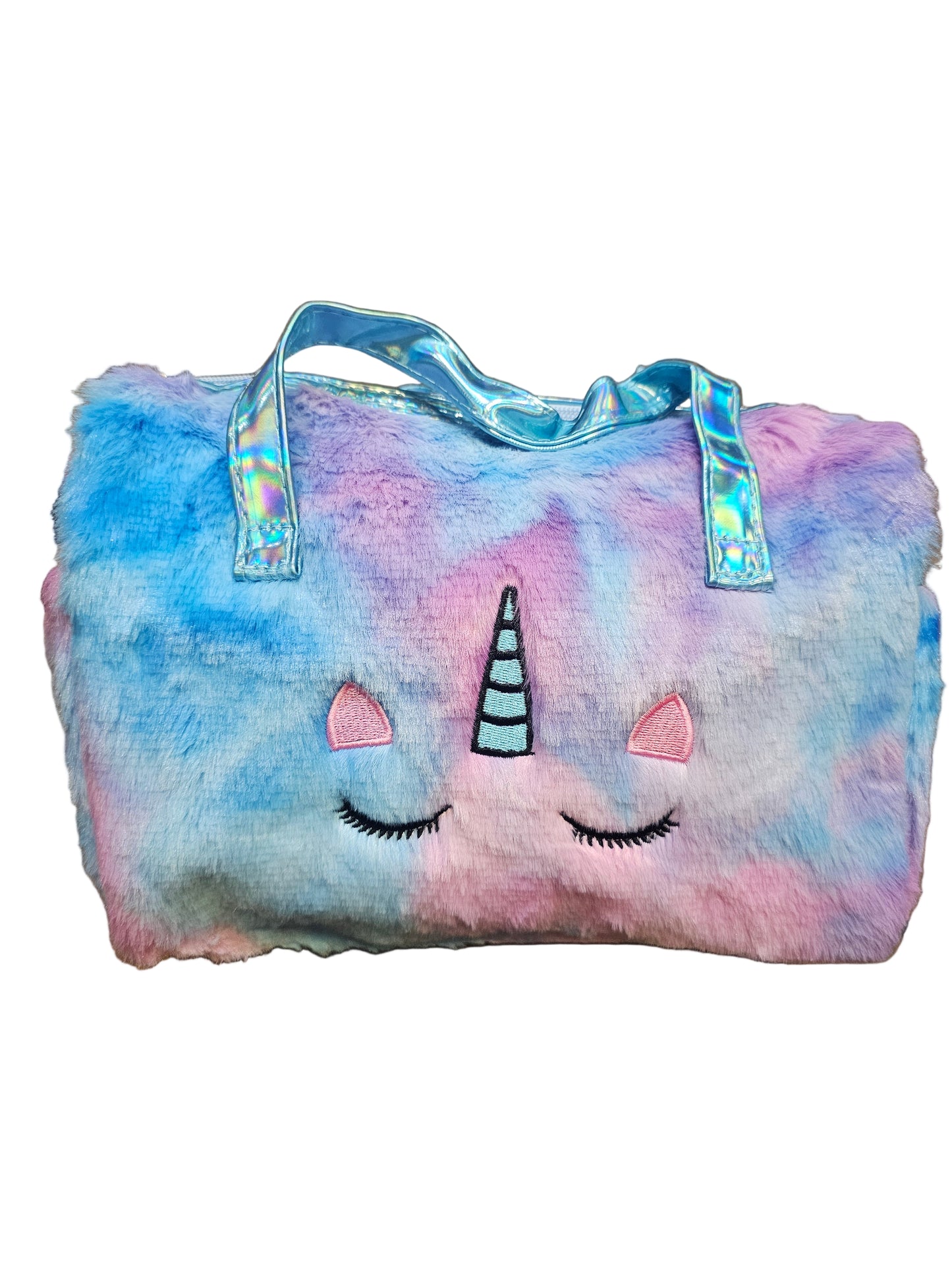 fluffy, tie-dye unicorn duffel bag