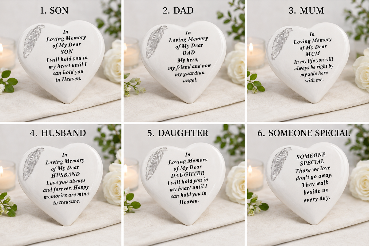 Remembrance Heart with Silver Feather, 5 options