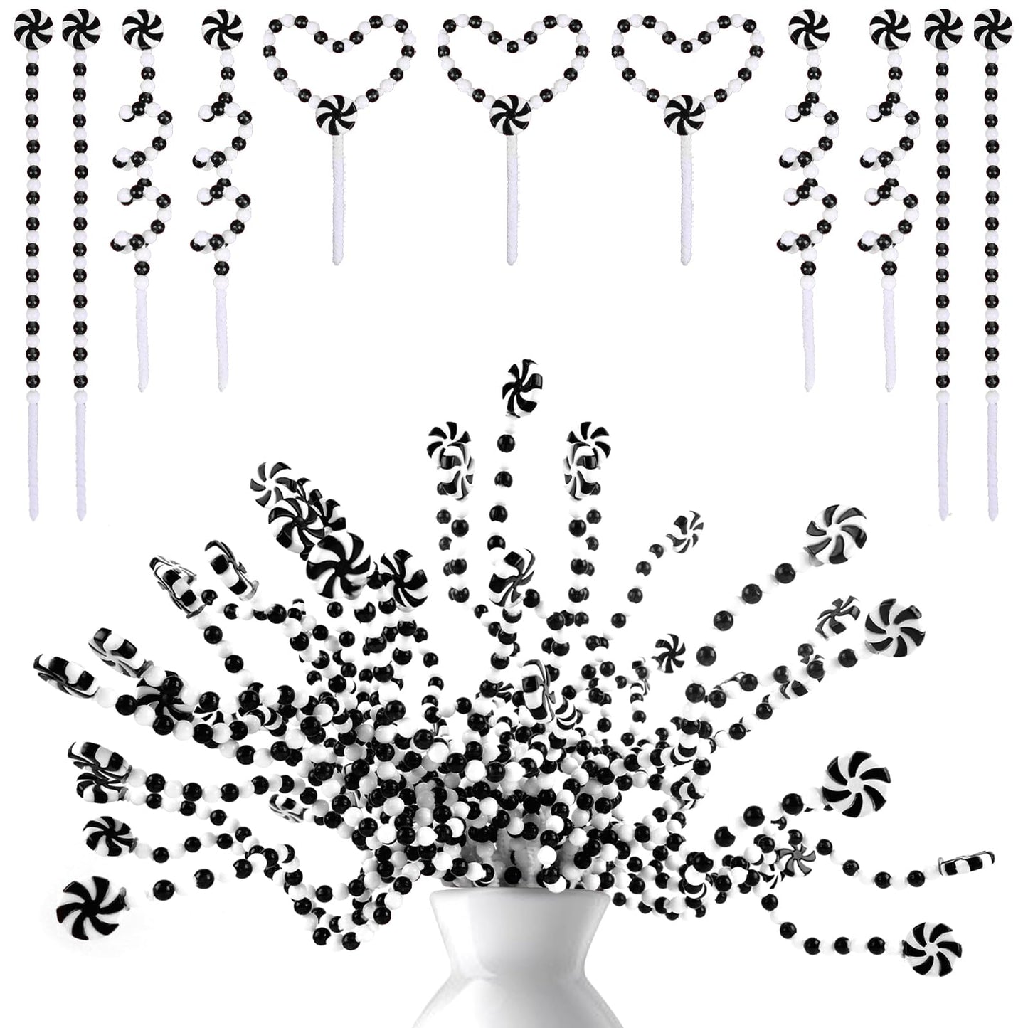 Black & White Candy Cane Christmas Picks for Vase, Garland, Wreath, Tree Topper