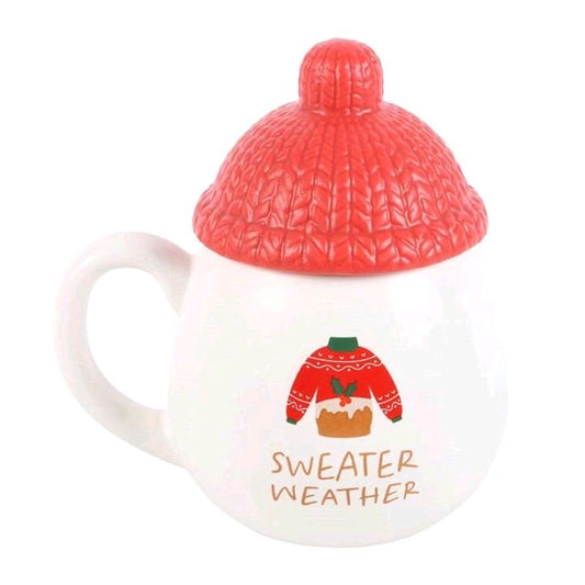 Sweater Weather Lidded Mug Drinkware Winter 480ml Tumbler Cup Reuse Novelty Christmas Mug with Red Bobble Hat Lid