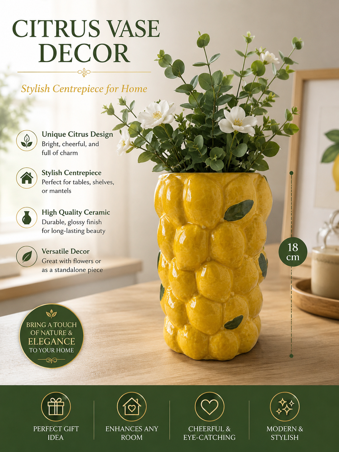 Citrus Vase Decor 18cm - Stylish Centrepiece for Home ( flowers not included)