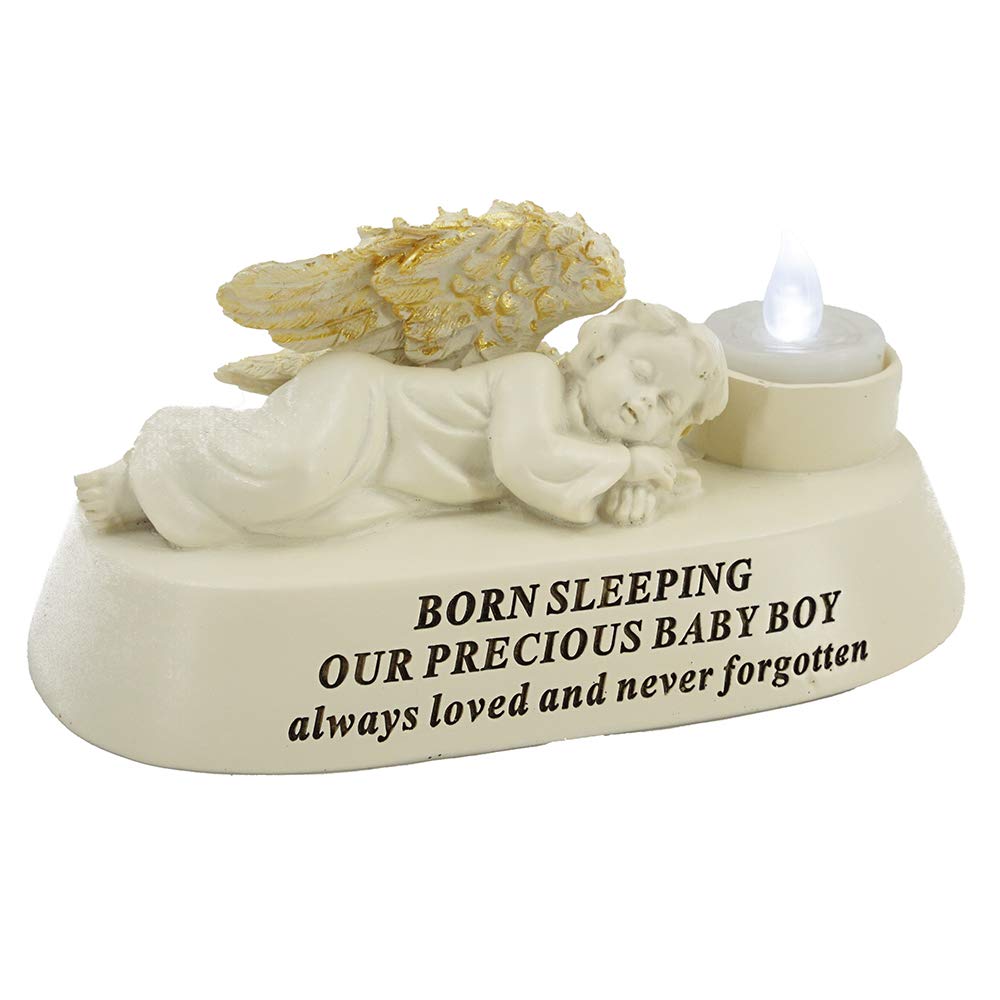 Born Sleeping Baby Boy Angel with Tealight Memorial Graveside Ornament
