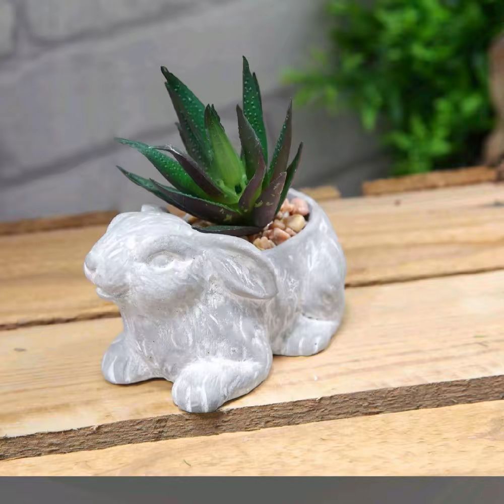 Cement Effect Rabbit Planter with Succulent artificial plant