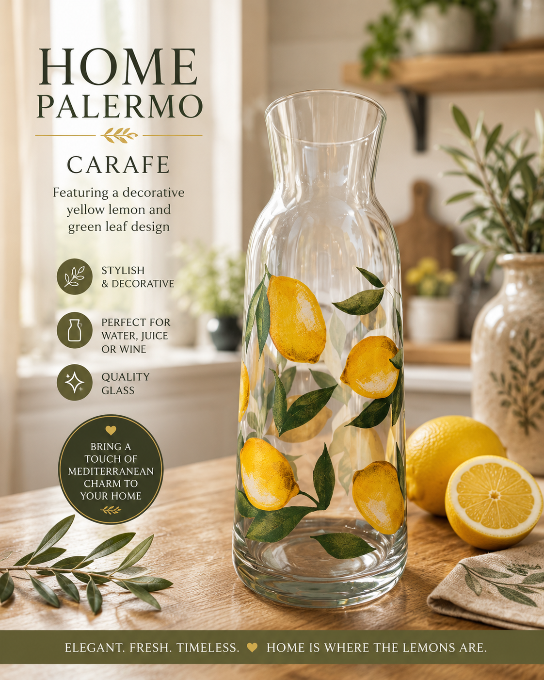 Home Palermo carafe featuring a decorative yellow lemon and green leaf design