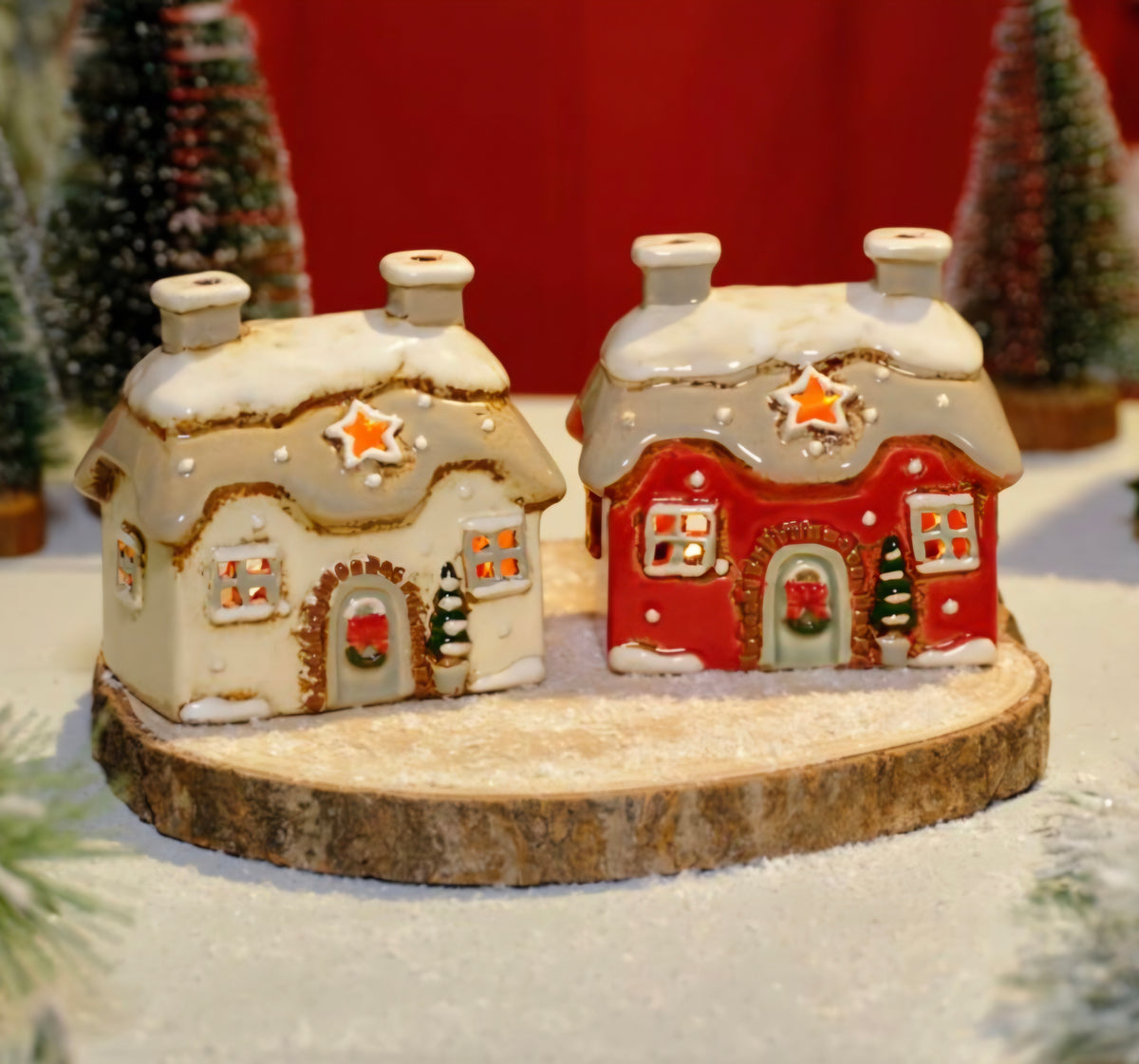 XMAS COTTAGE TEALIGHT HOLDER choice of RED OR WHITE STONEWARE