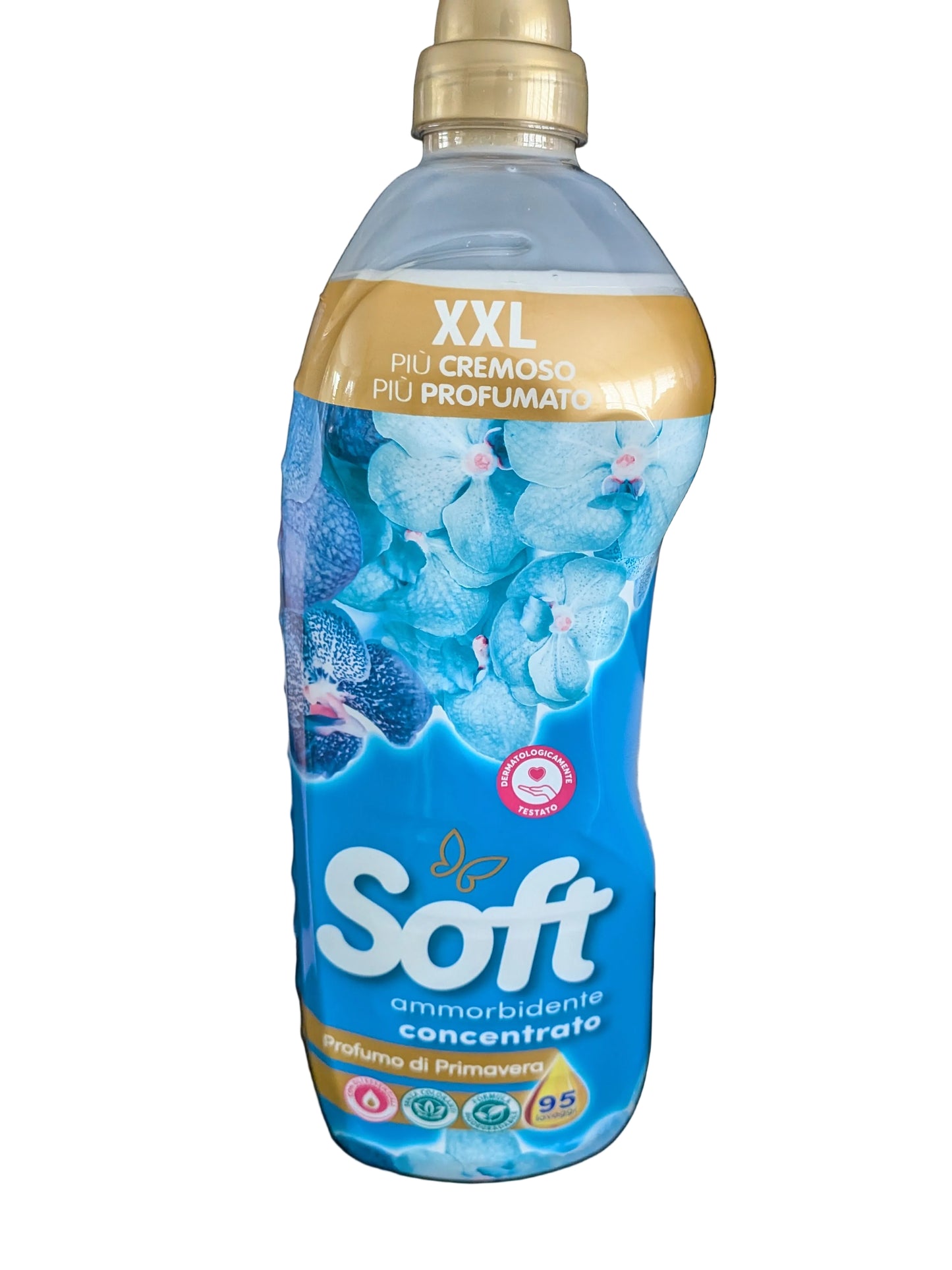 Soft brand concentrated fabric softener, marketed in XXL packaging for approximately 95 washes each.