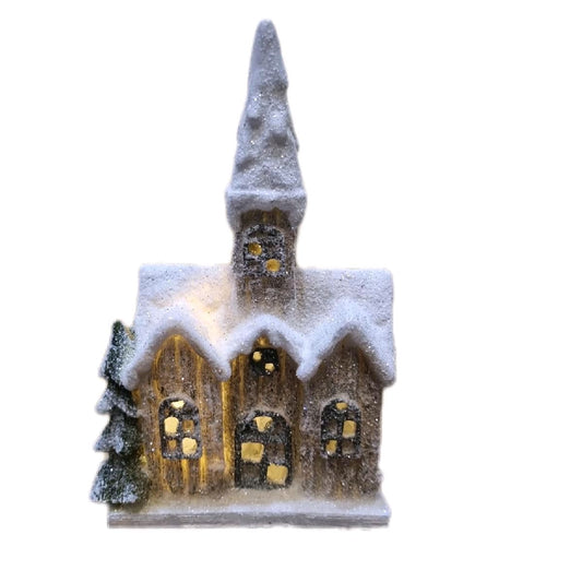 Light Up Snowy House with Tree 21.5cm Decoration Ornaments