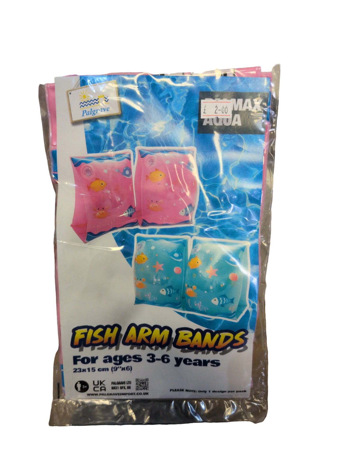 inflatable children's fish-themed arm bands designed for ages 3 to 6 years, measuring 23x15 cm