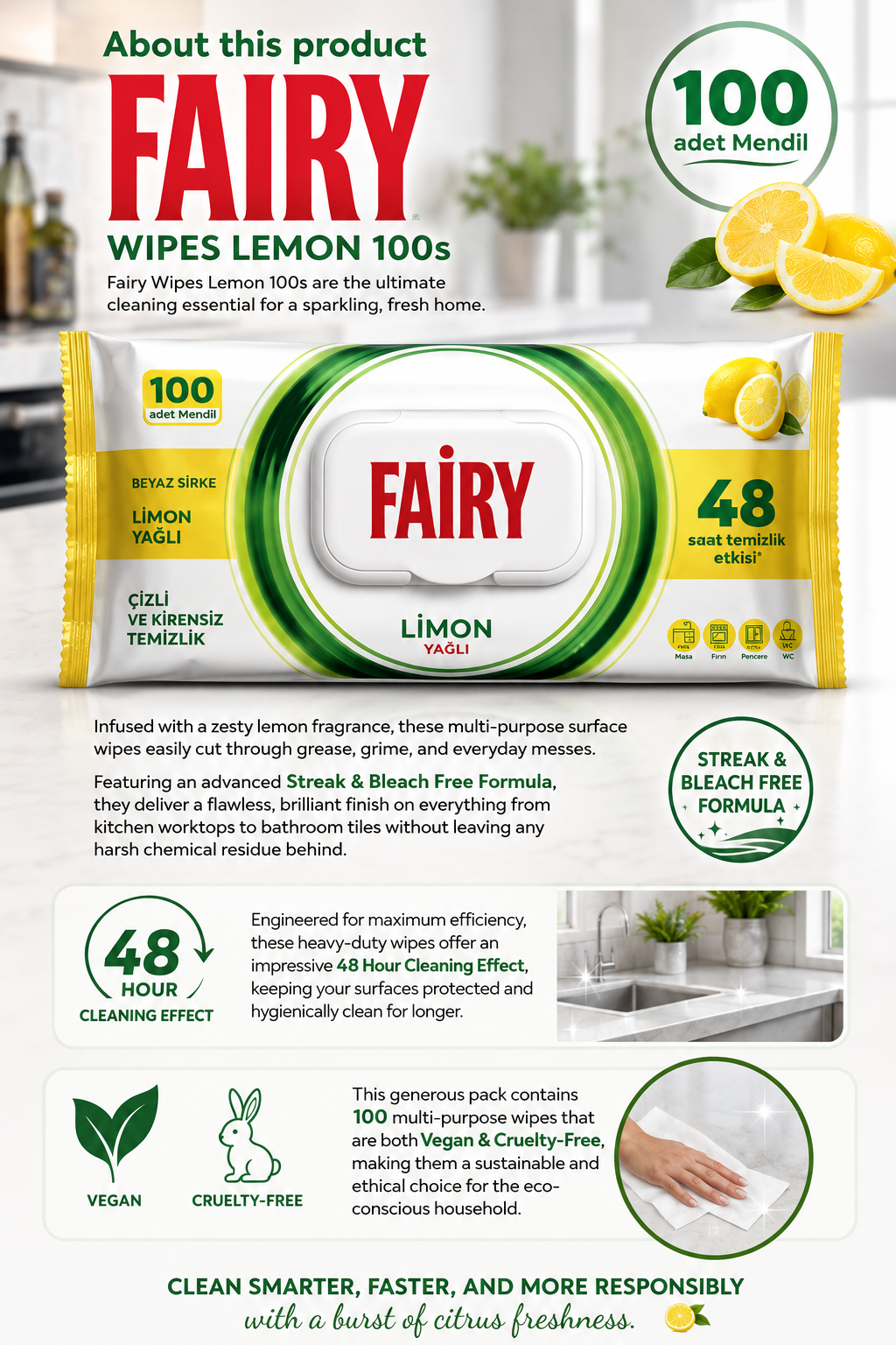 Fairy lemon fragrance pkt 100 wipes