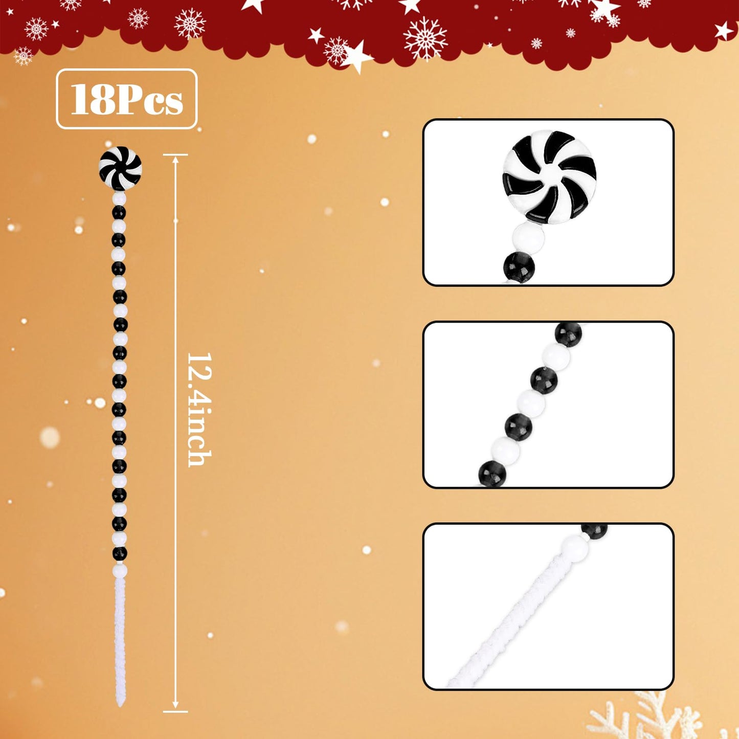 Black & White Candy Cane Christmas Picks for Vase, Garland, Wreath, Tree Topper