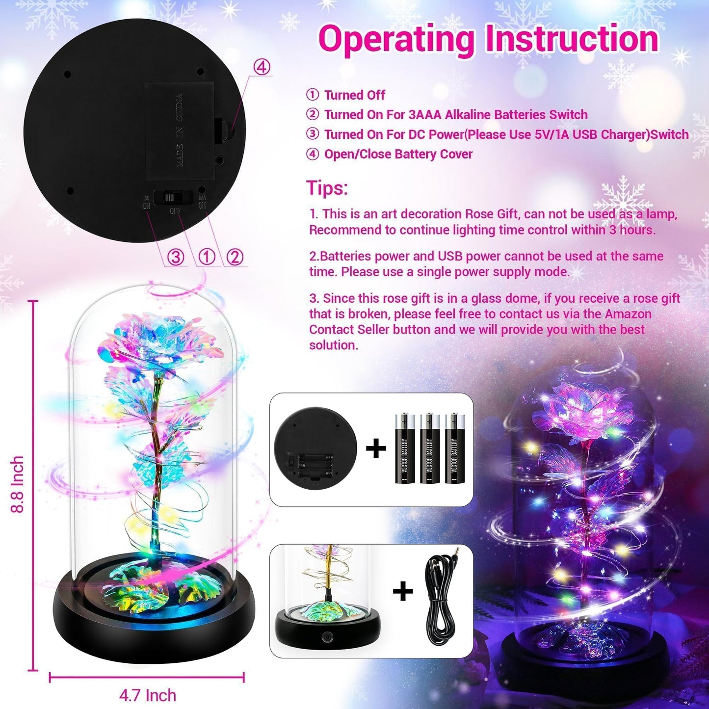 Light Up Rose in Glass Dome LED Rotating Flower Gift