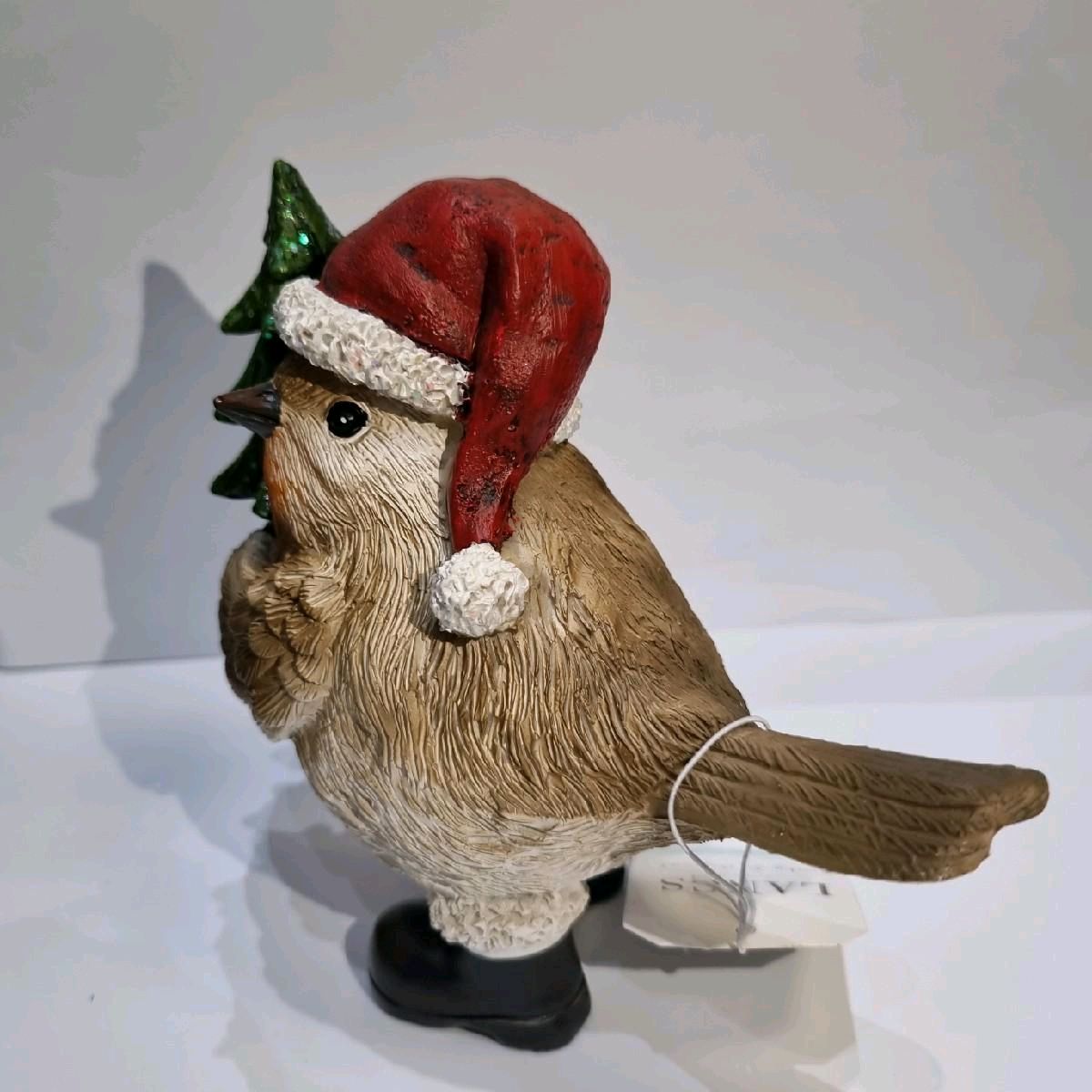 Christmas Robin holding tree with brown boots ornament Decoration