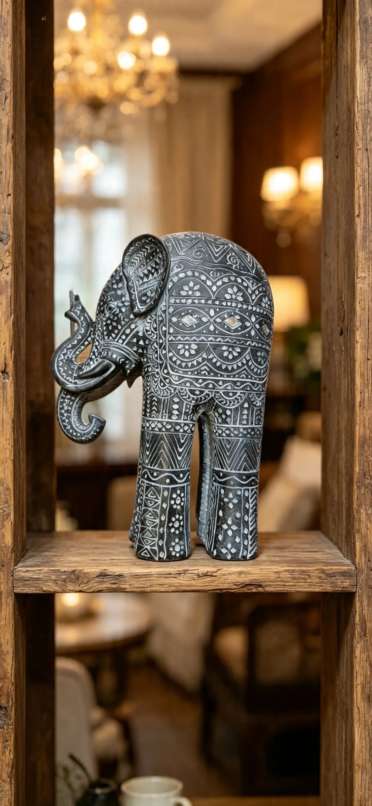 Carved Black & White Elephant Figurine 26cm - Intricate Design Ornament Decorative Standing