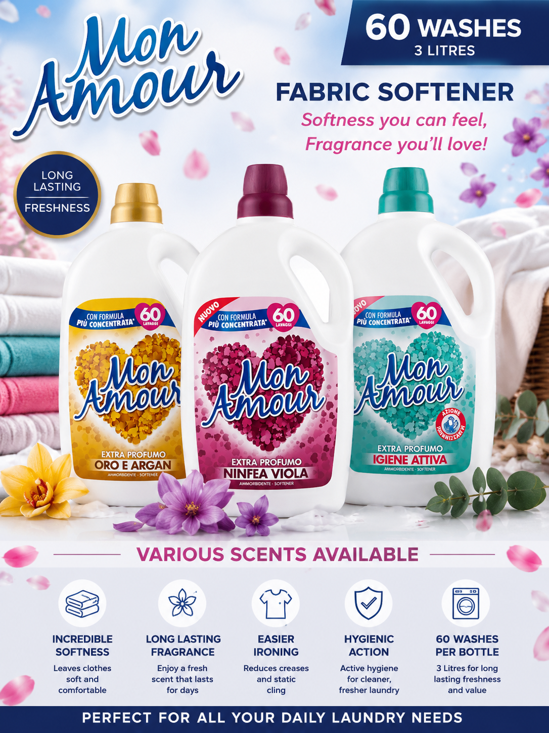MON AMOUR Softener,various scents available 60 Washes 3 Litres Fabric Softener for Soft Washing Needs Household