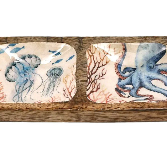 Ocean Enameled Double Wooden Tray