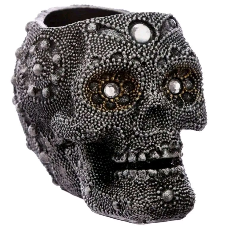 Silver Beaded Skull Head Tealight Candle Holder