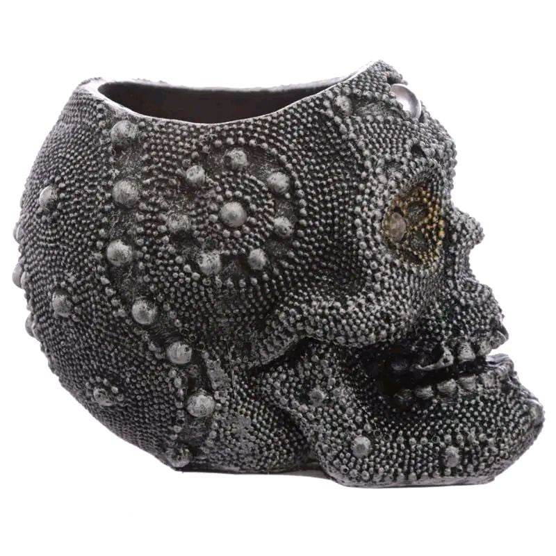 Silver Beaded Skull Head Tealight Candle Holder