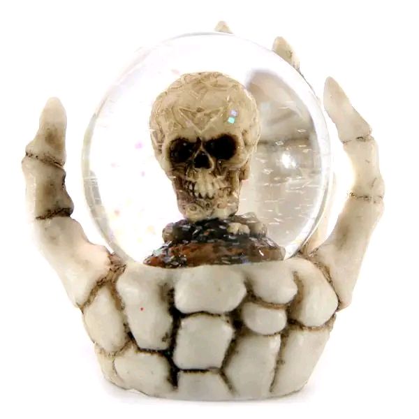 Skull Glitter Globe In Skeleton Hand