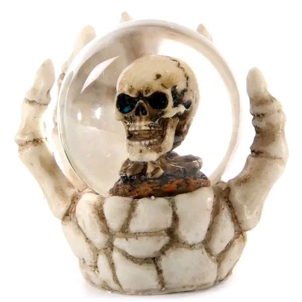 Skull Glitter Globe In Skeleton Hand