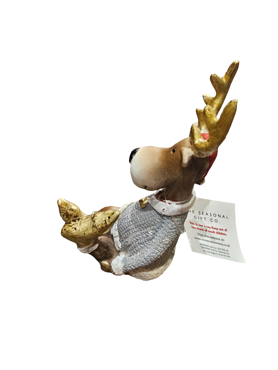 Seated Reindeer Statue in jumper and Santa hat
