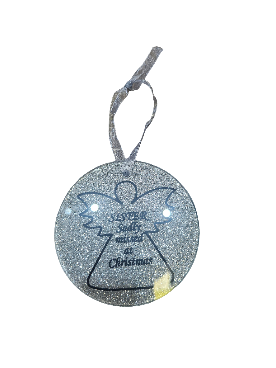 Sister Sadly Missed at Christmas Glass Glitter Hanging decoration